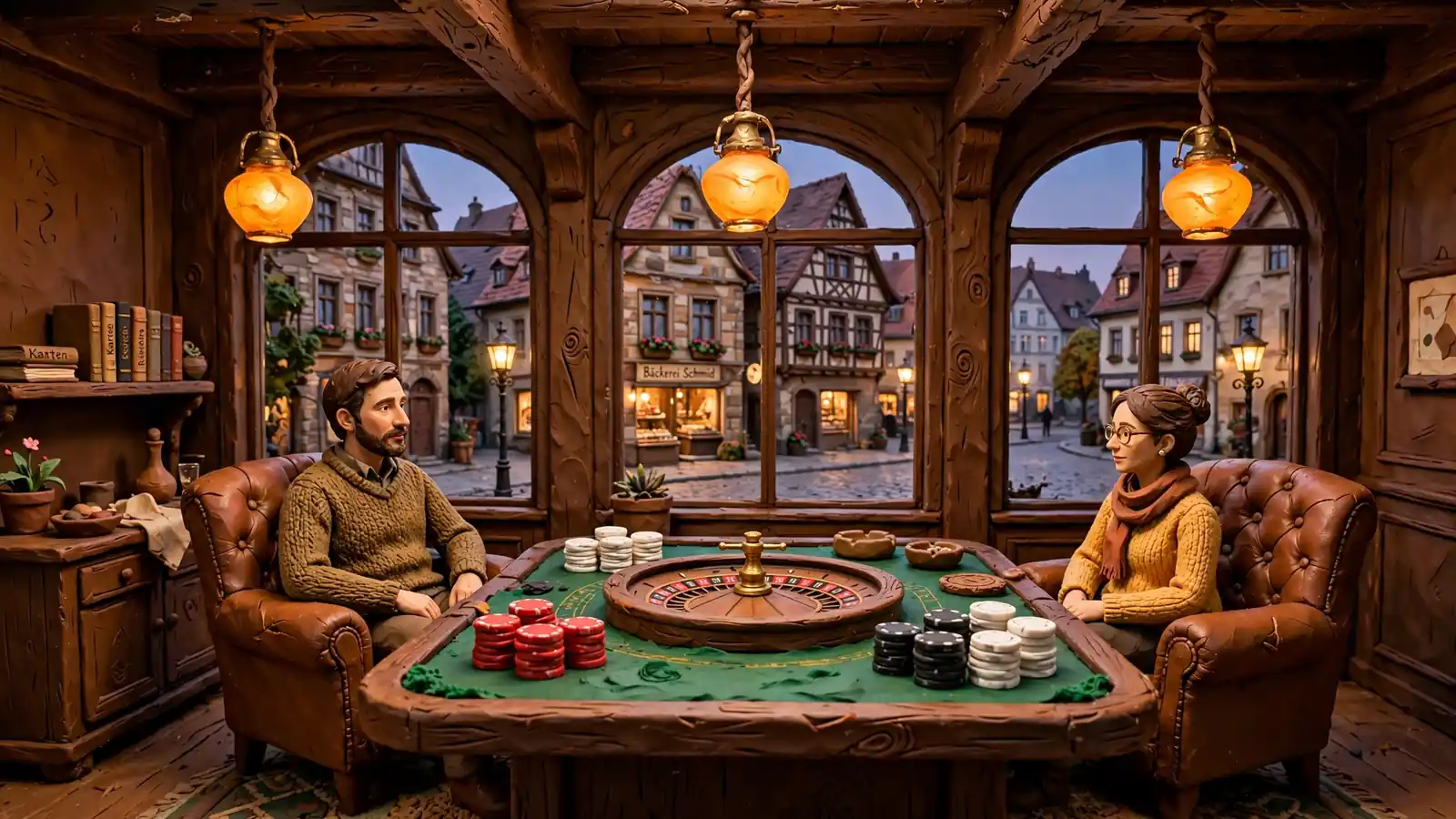 Elegante deutsche Casino-Lounge mit Roulette-Tisch und gestapelten Spielchips