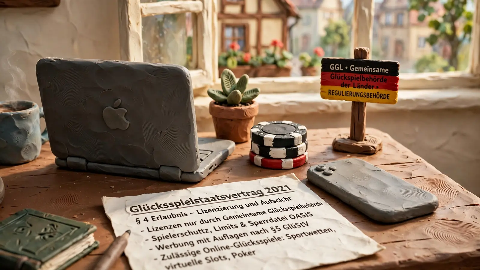 Schreibtisch mit Laptop, Casino-Chips und Smartphone als Symbol für reguliertes Online-Glücksspiel in Deutschland.