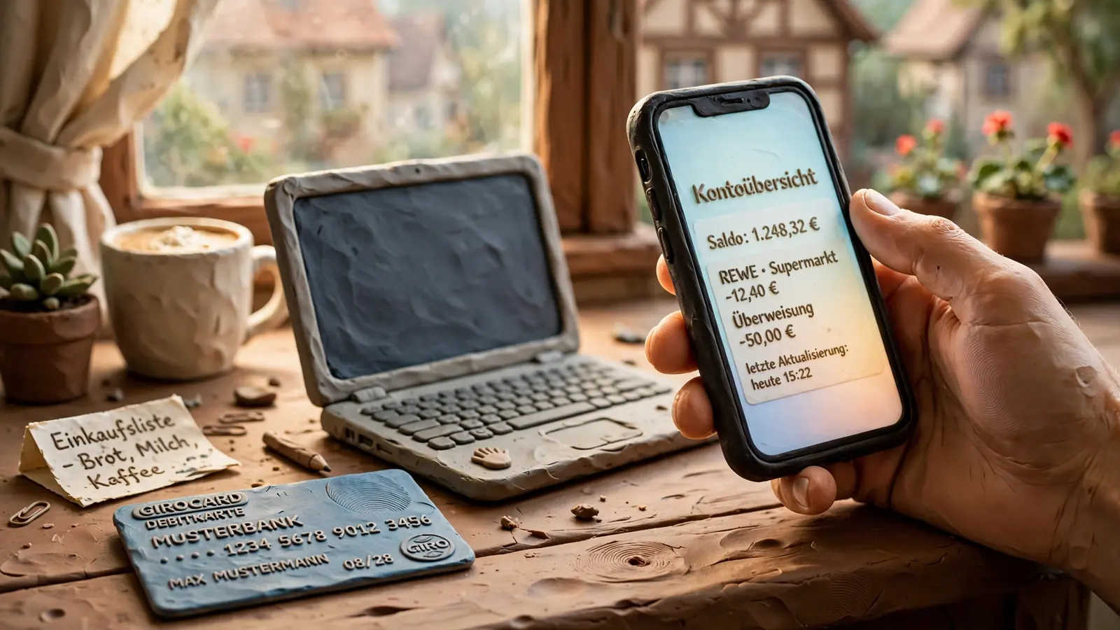 Smartphone und Laptop auf Schreibtisch mit deutscher Bankkarte