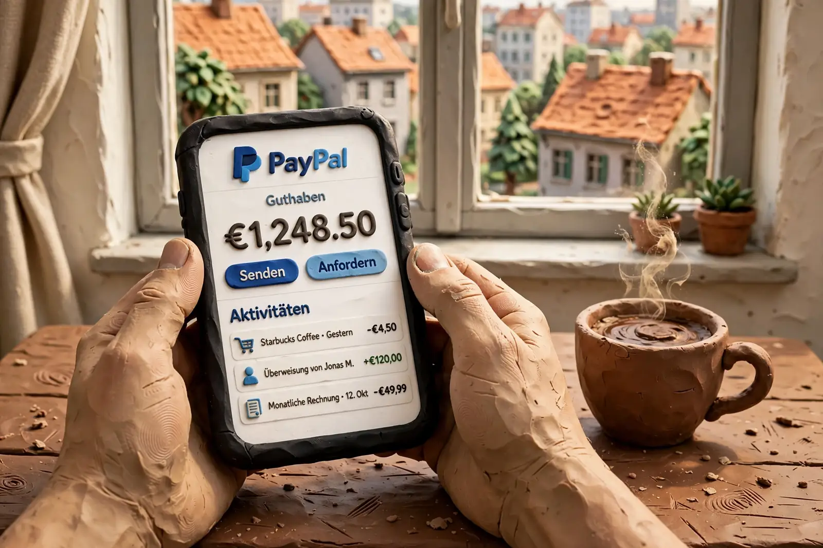 Hände halten Smartphone mit PayPal-App auf Holztisch