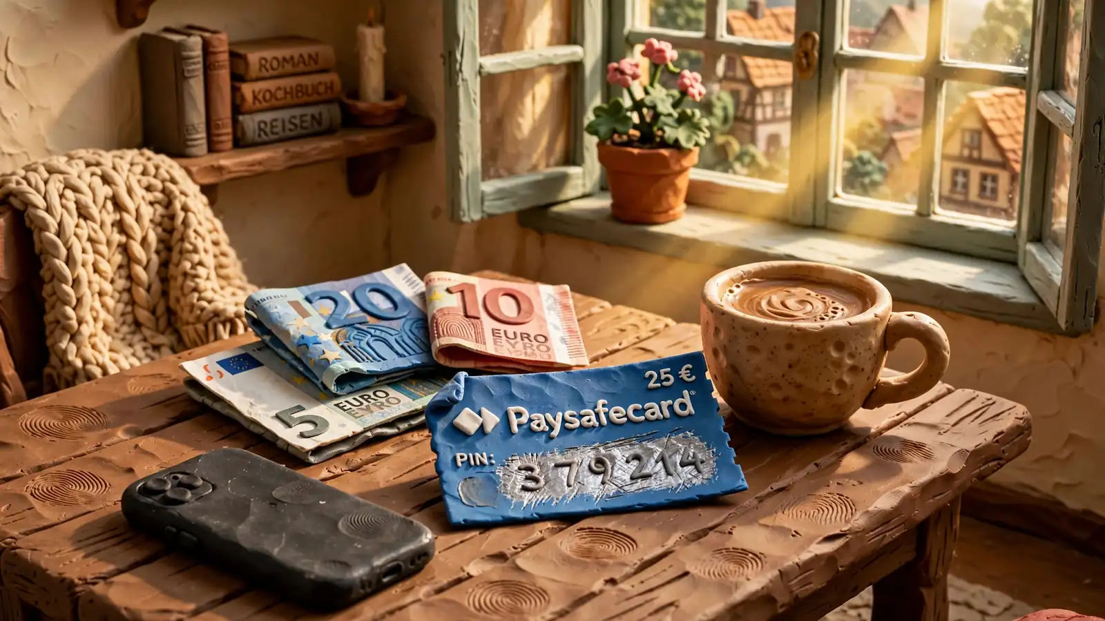 Paysafecard-Gutschein mit freigerubbeltem PIN auf einem Holztisch bei Tageslicht