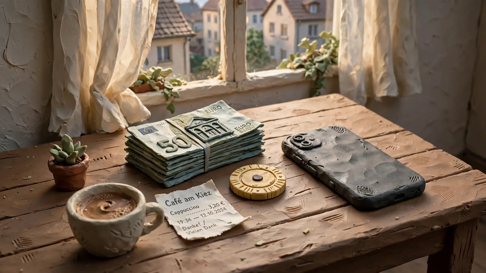 Schreibtisch mit Smartphone, Euro-Scheinen und Spielchip bei Tageslicht.