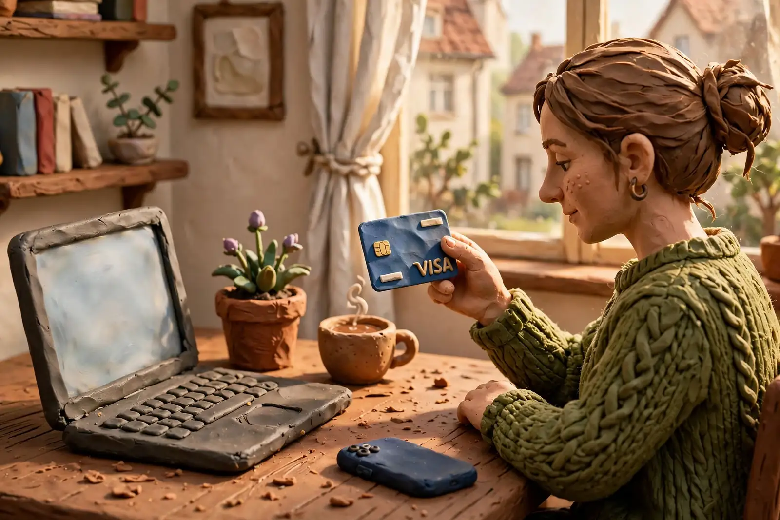 Person mit Visa-Karte am Schreibtisch neben Laptop in deutscher Wohnung.