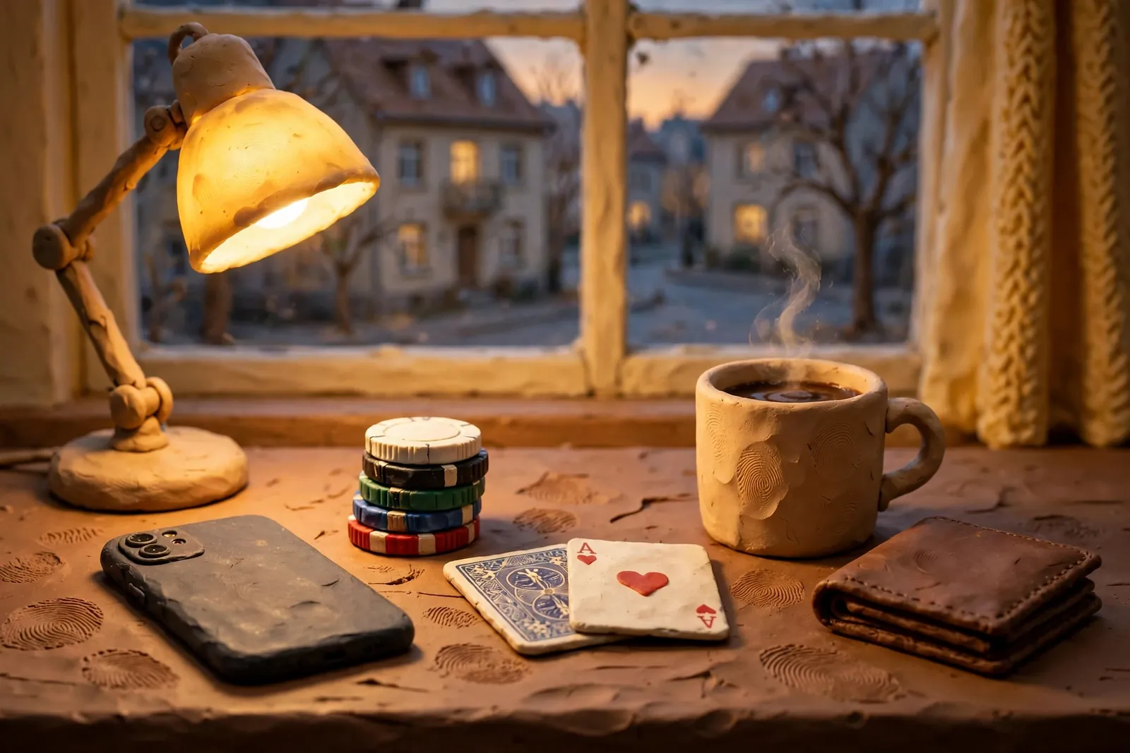 Abendlicher Schreibtisch mit Smartphone, Casino-Chips und Spielkarten in einer deutschen Wohnung.