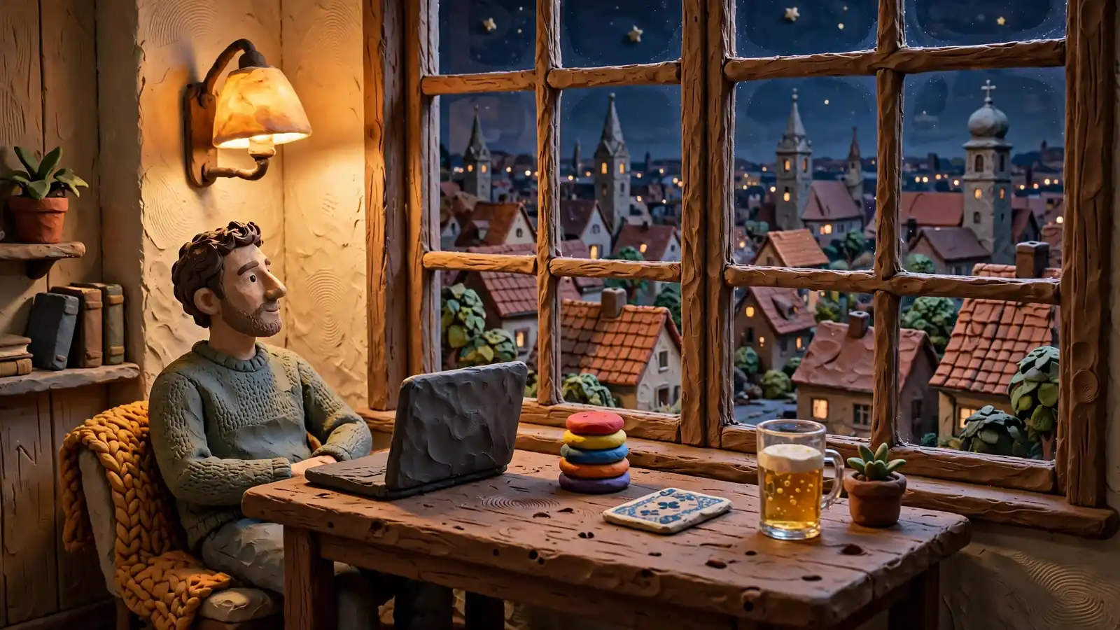 Modernes deutsches Wohnzimmer bei Nacht mit Spielchips und Bier auf dem Tisch