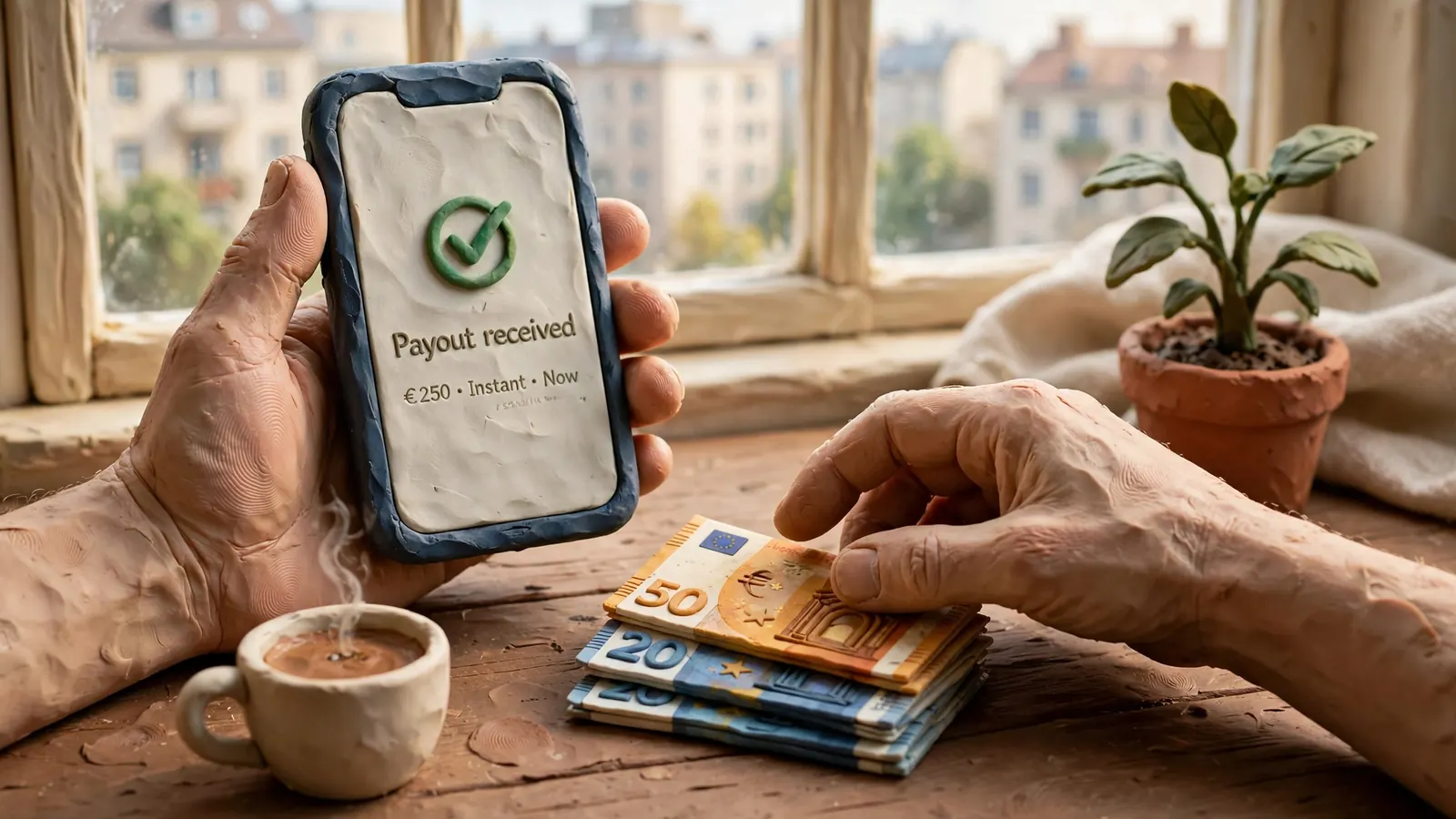 Smartphone-Benachrichtigung mit Häkchen, Euro-Banknoten auf Schreibtisch, Tageslicht.