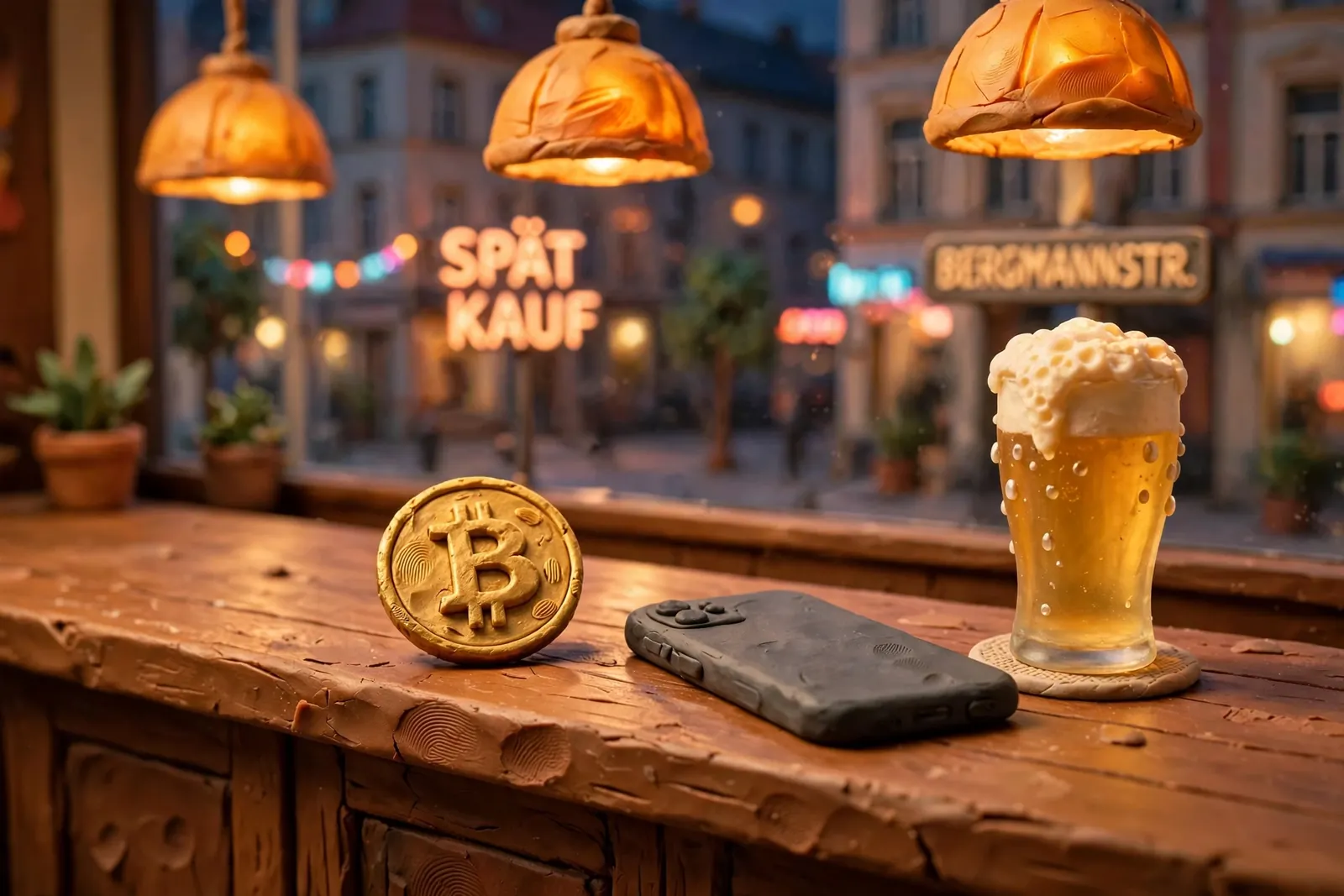 Goldene Bitcoin-Münze auf einer Bartheke in Berlin mit Bier und Smartphone im Hintergrund