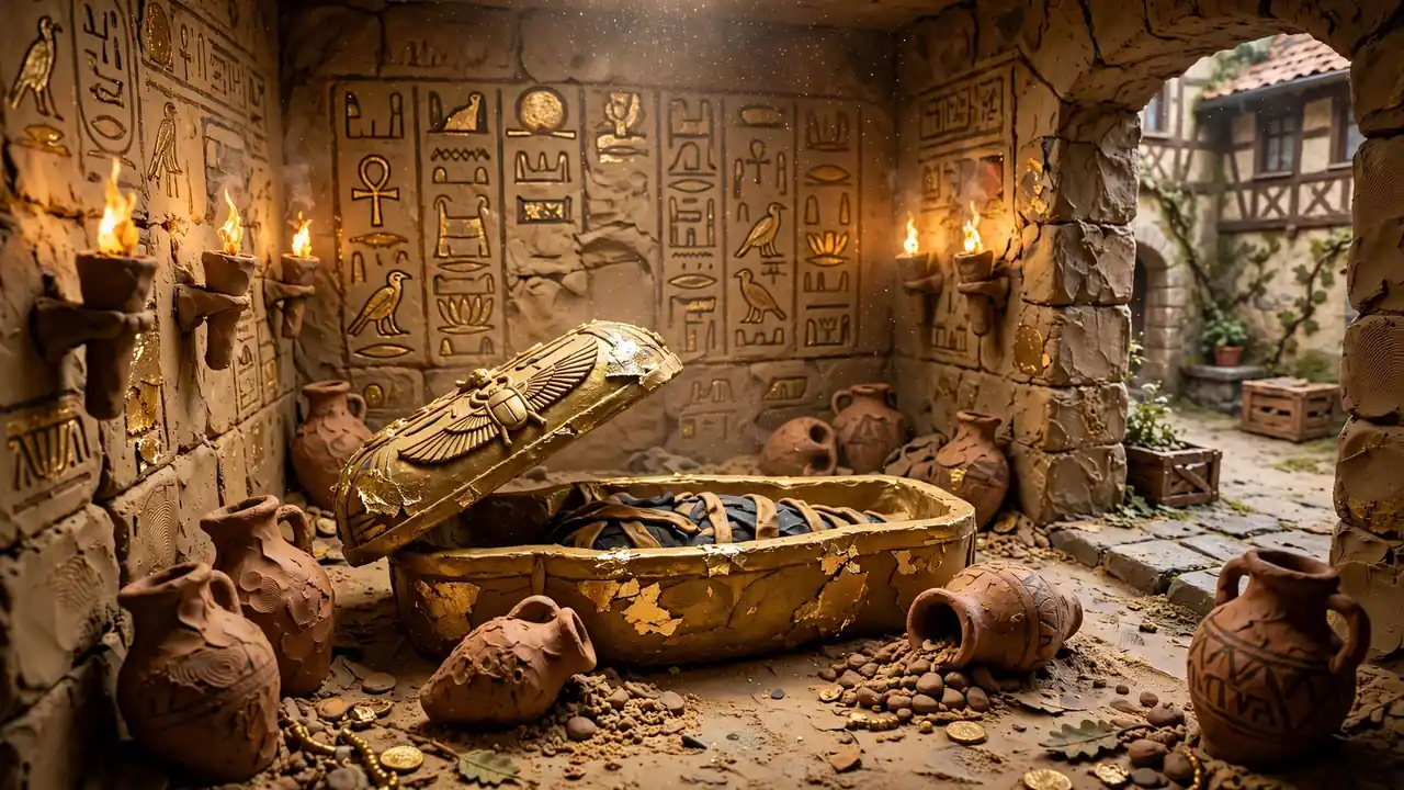 Goldene Sarkophag in einer altägyptischen Grabkammer mit Hieroglyphen und Fackelschein.