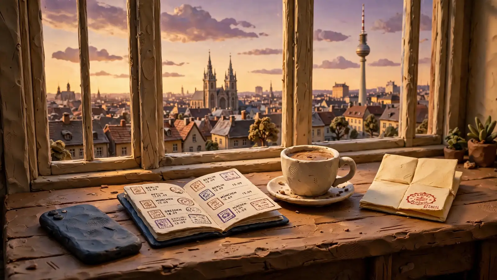 Schreibtisch mit Reisepass, Smartphone und Dokument vor europäischer Stadtkulisse bei Abendlicht