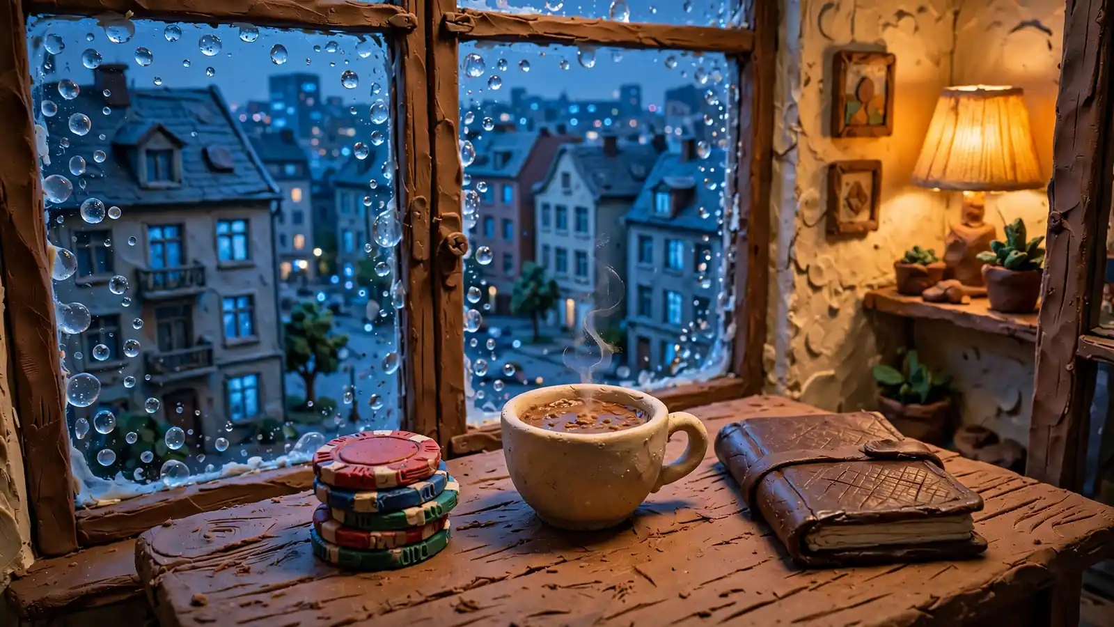 Blick durch ein regennasses Fenster auf eine deutsche Stadt, Casino-Chips und eine Tasse Kaffee auf dem Tisch.