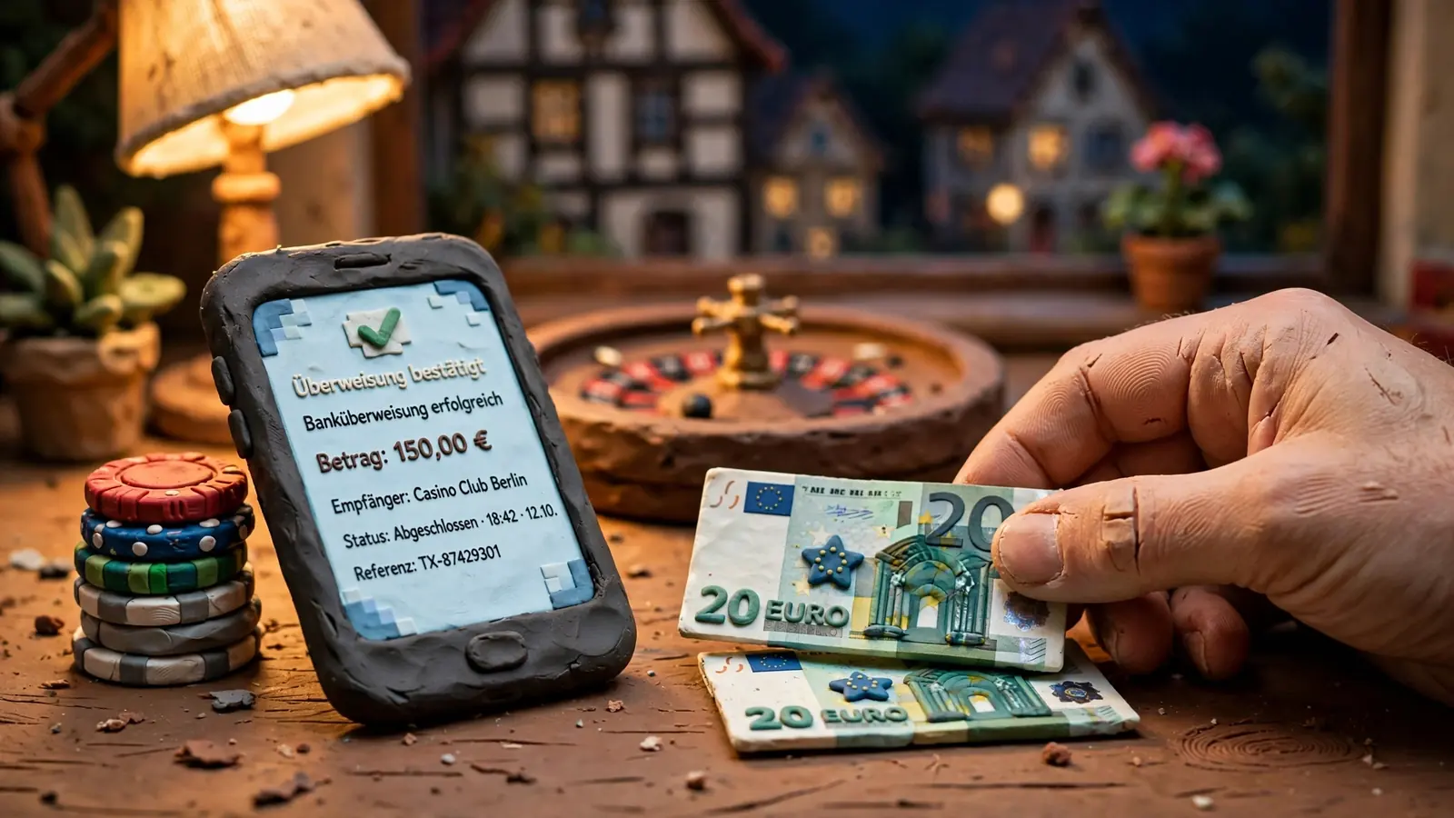 Euro-Banknoten, Smartphone und Casino-Chips auf einem Schreibtisch