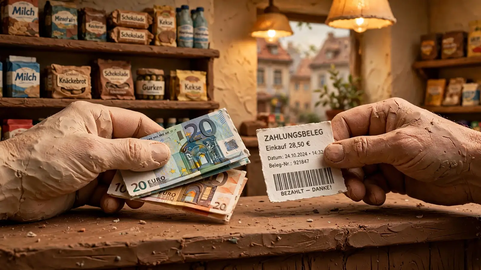 Kunde zahlt an einer deutschen Ladenkasse mit Euro-Scheinen und erhält einen Zahlungsgutschein mit Barcode.