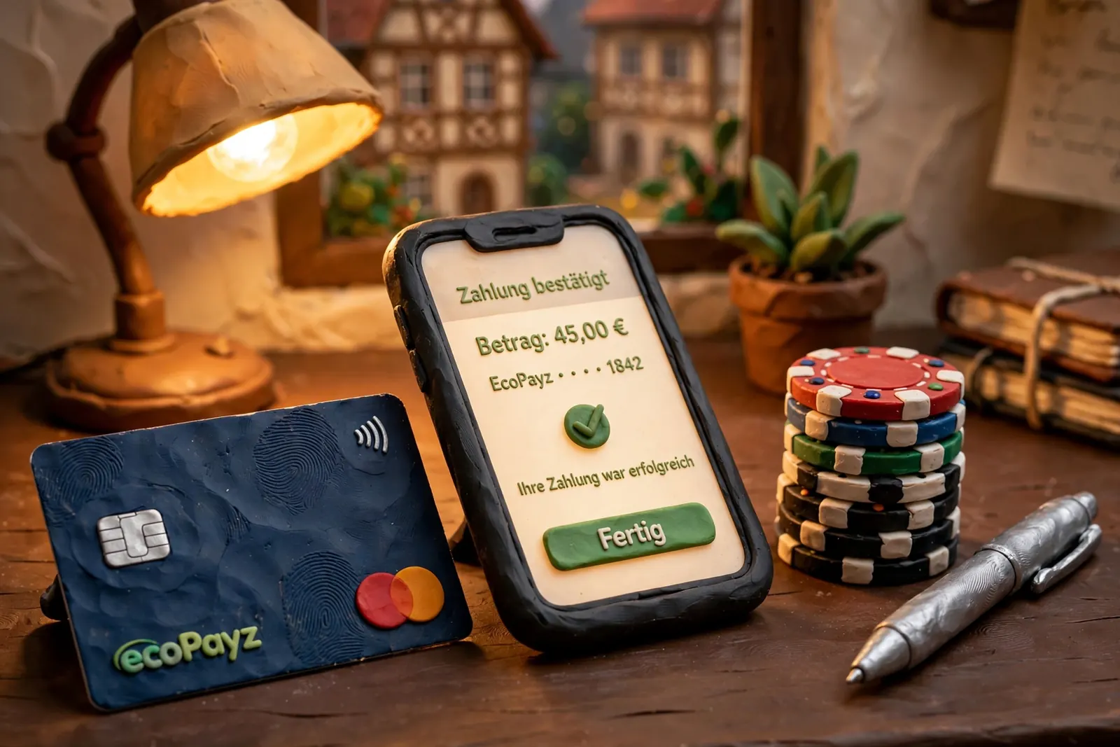 EcoPayz-Karte neben Smartphone und Casino-Chips auf Schreibtisch