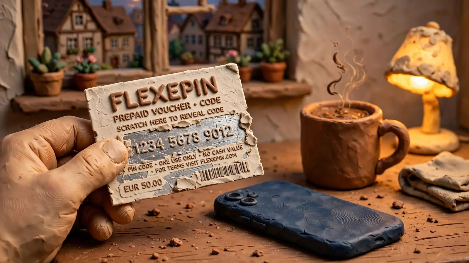 Hand hält einen Flexepin-Gutschein über einem Holztisch, Smartphone liegt mit dem Bildschirm nach unten.