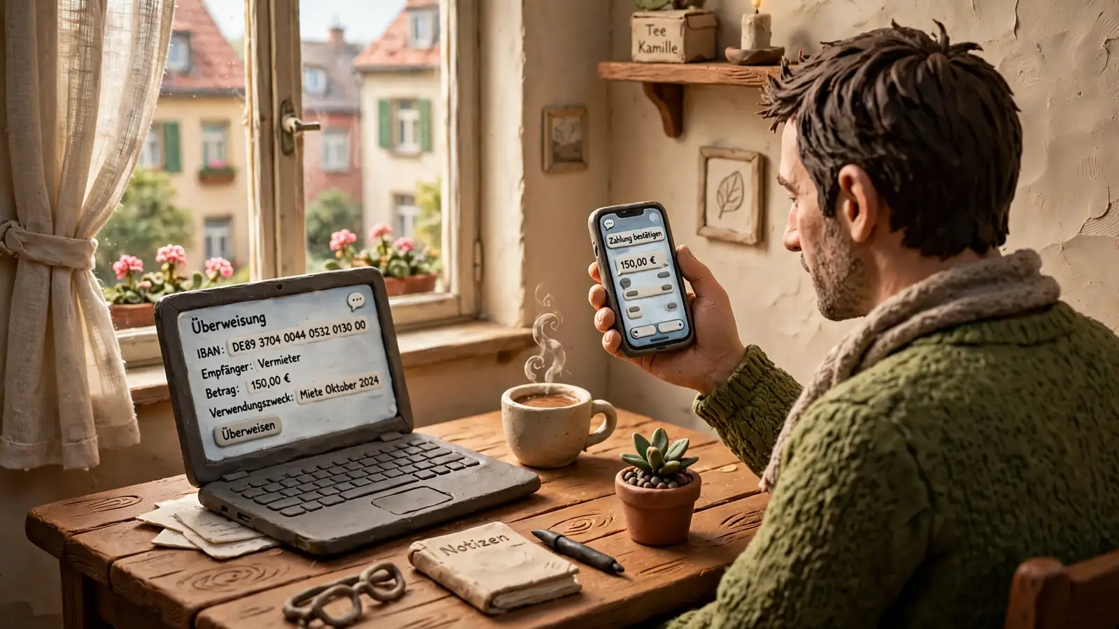 Person am Schreibtisch mit Smartphone und Laptop bei Online-Bankzahlung mit Giropay.