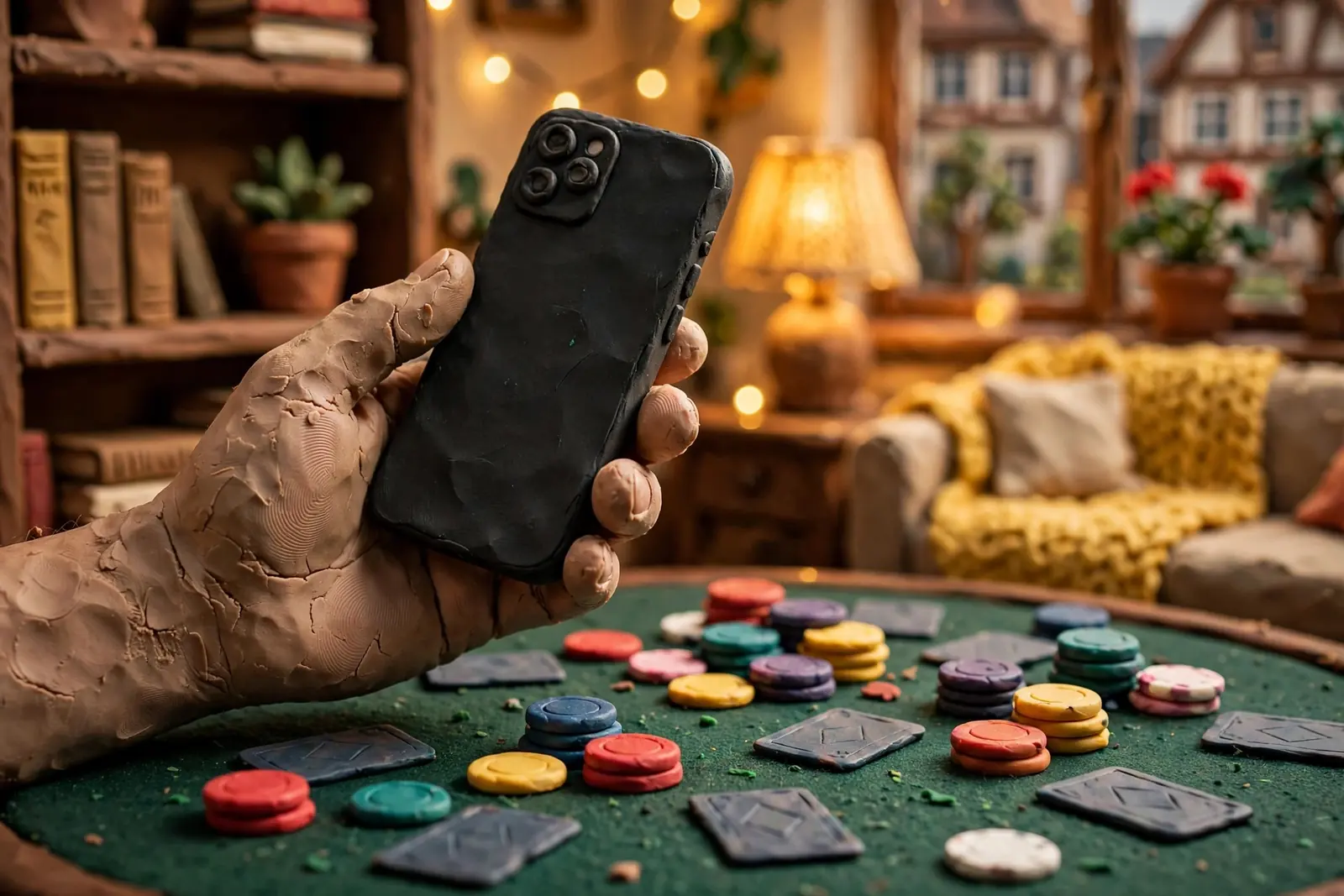Hand hält Smartphone über Spieltisch mit Pokerchips und Karten