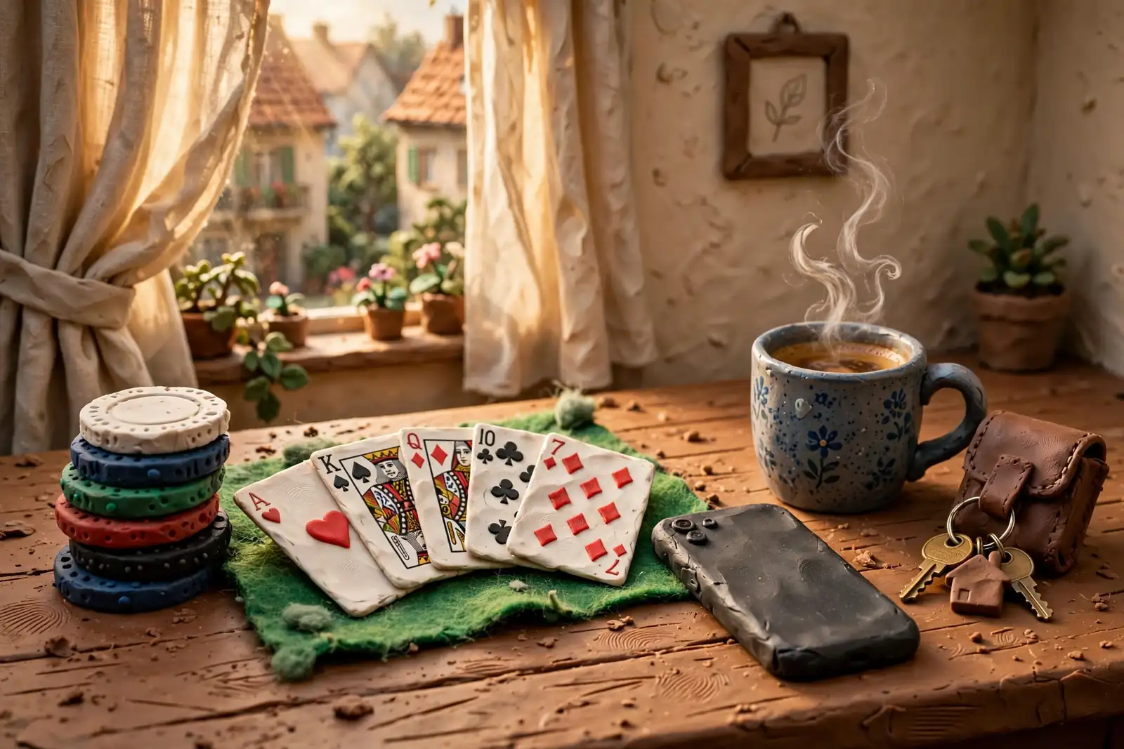 Stapel Casino-Chips und Spielkarten neben Smartphone und Espressotasse auf Holzschreibtisch