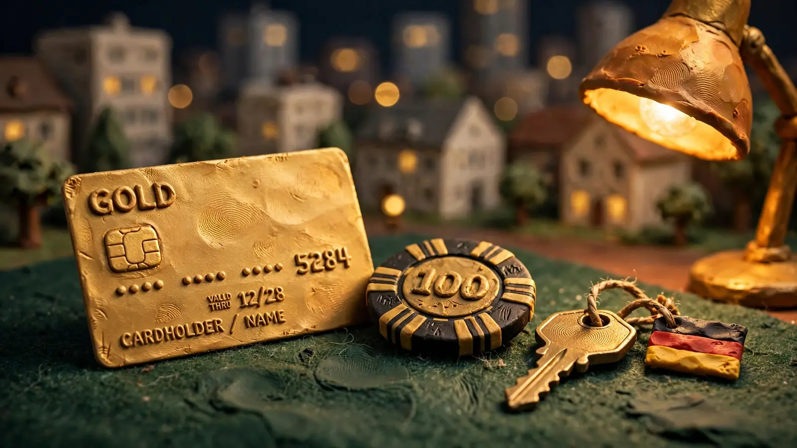 Goldene Kreditkarte auf grünem Filz mit Spielchip und Sicherheitsschlüssel