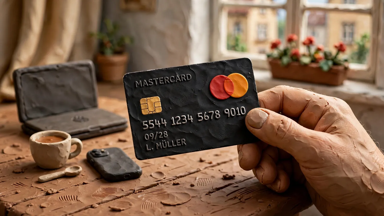 Hand hält Mastercard über Holztisch neben Laptop