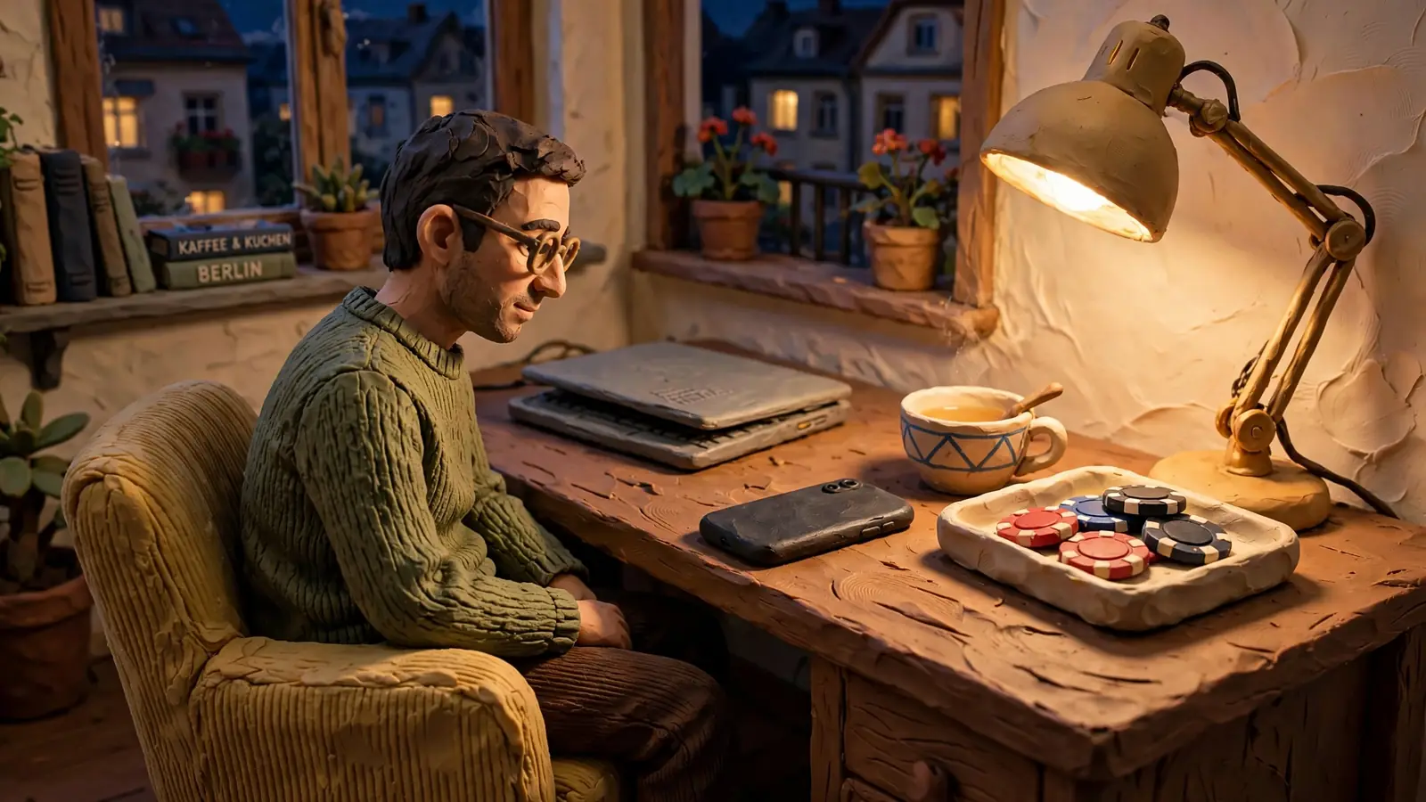 Abendliche Szene am Schreibtisch mit Spielchips, geschlossenem Laptop und warmer Lampe.