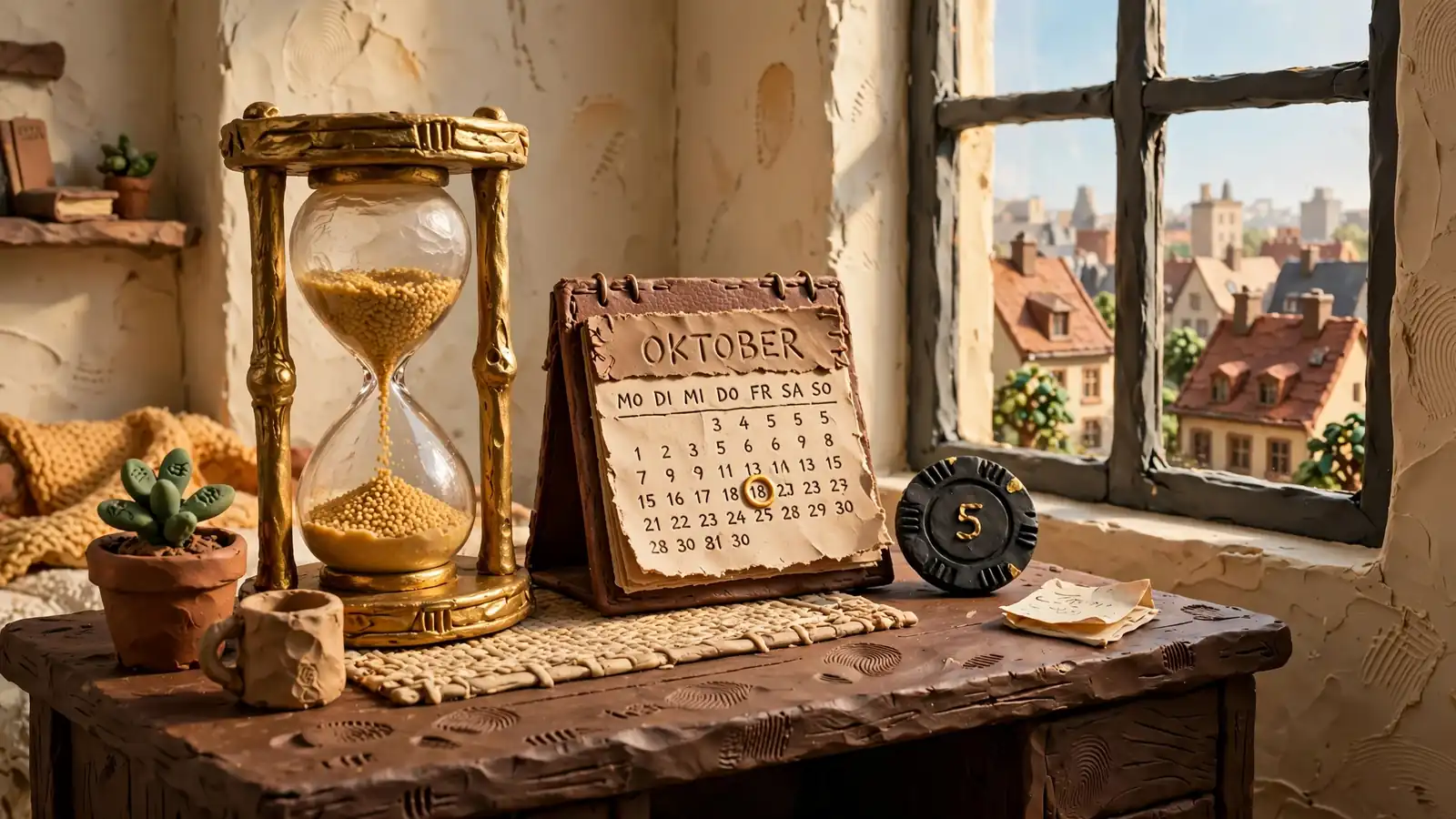 Sanduhr auf Schreibtisch mit Casino-Chip und Stadtblick im warmen Morgenlicht.