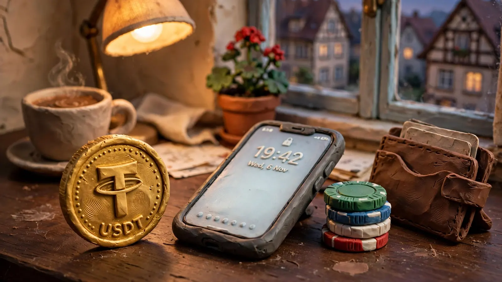 Goldene Tether-Münze neben Smartphone und Pokerchips auf Schreibtisch