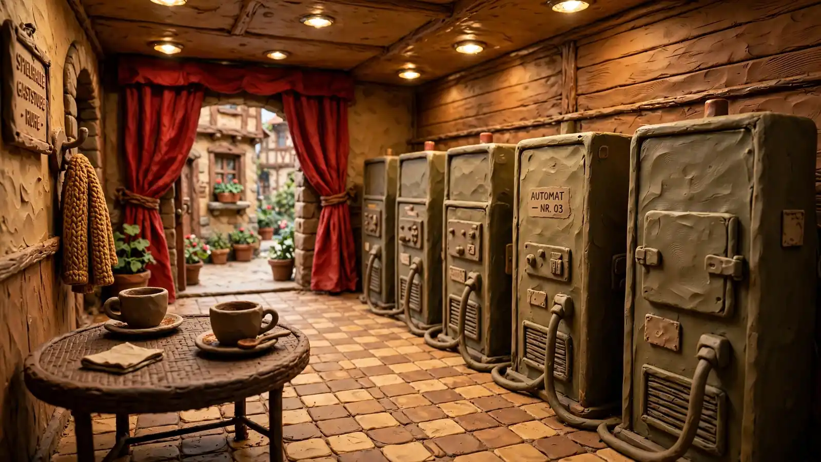 Traditionelle deutsche Spielhalle mit Spielautomaten in warmer Beleuchtung