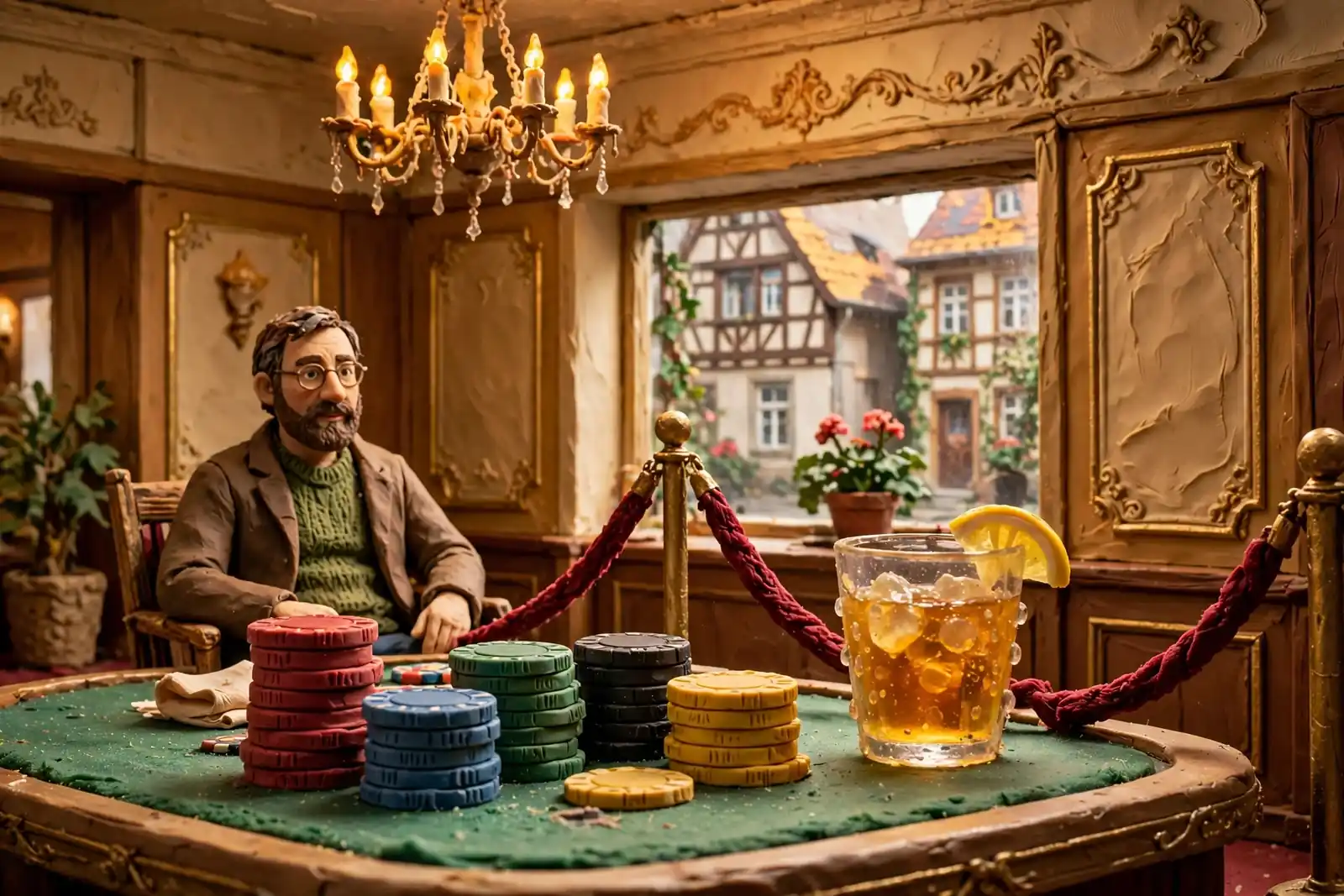 Luxuriöser Spieltisch mit Casino-Chips und Ambiente-Beleuchtung