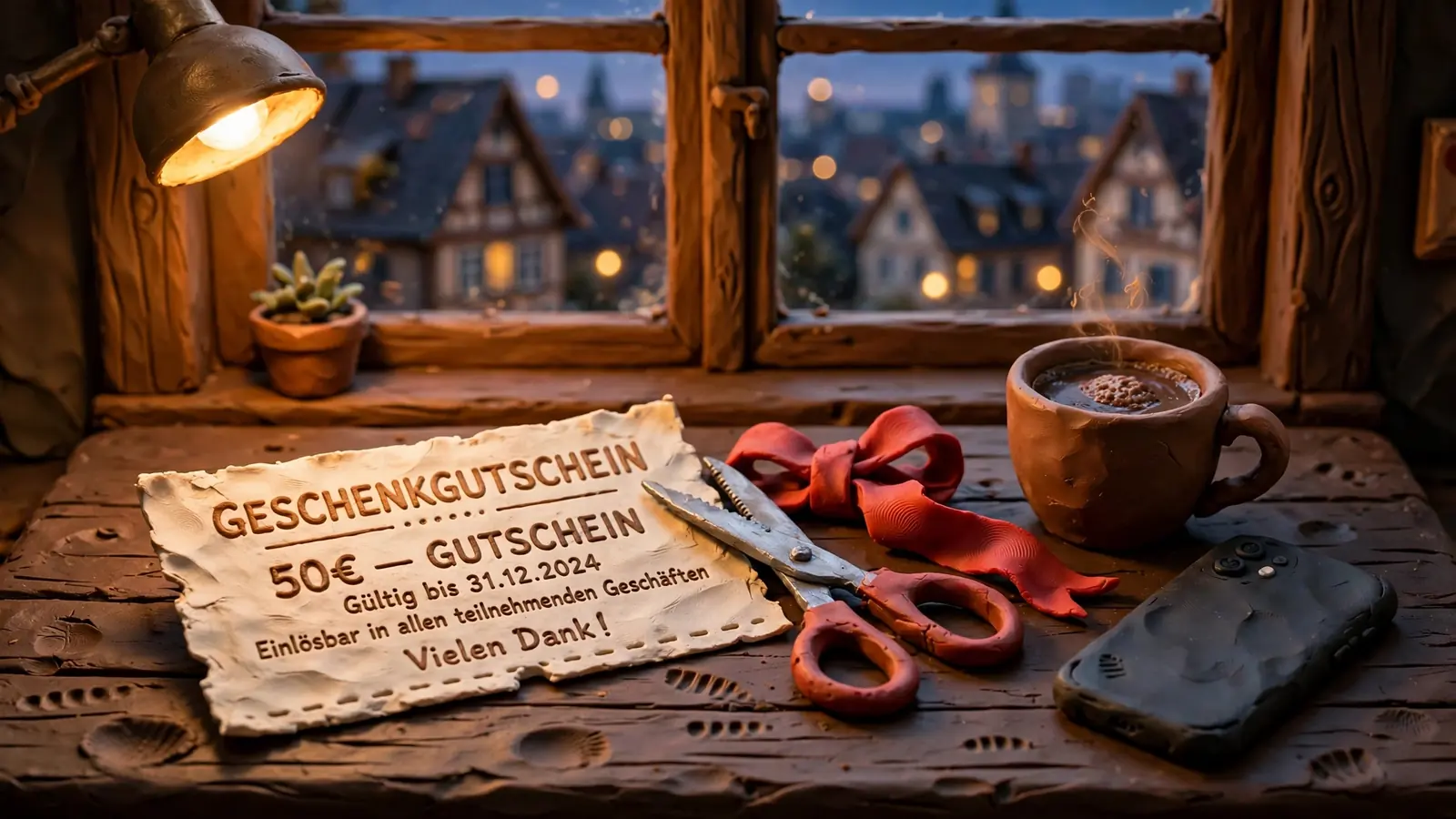 Ein Gutschein mit Schere und rotem Band auf einem Holztisch neben einer Tasse Kaffee.