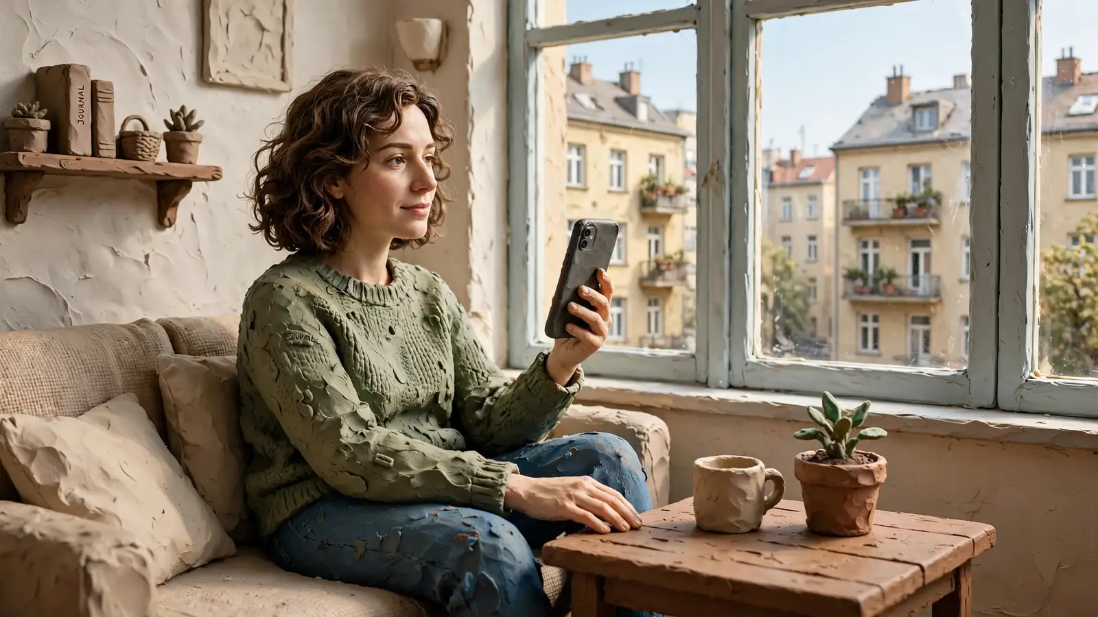 Person mit Smartphone auf dem Sofa in moderner Berliner Wohnung