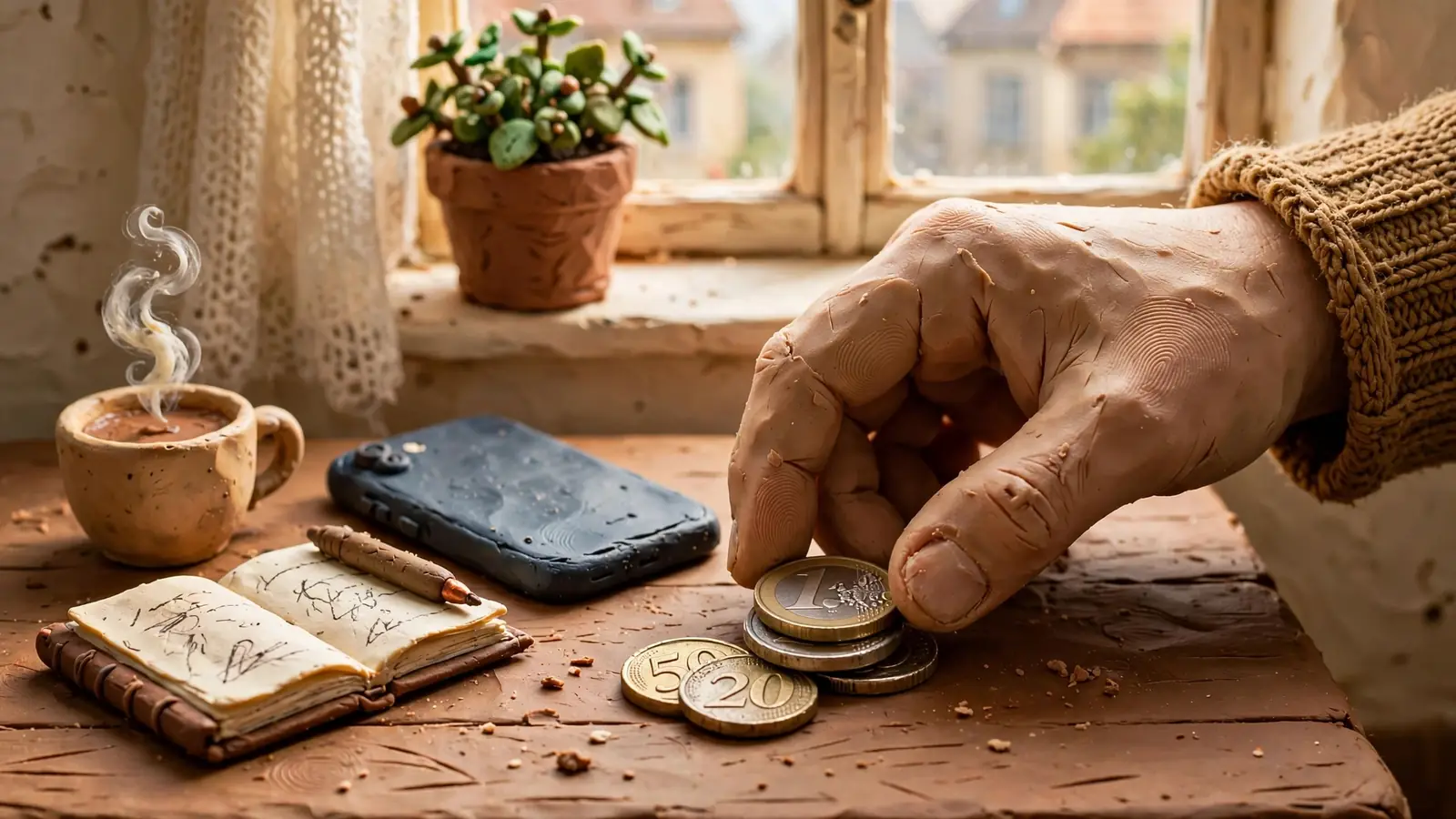 Hand legt Euromünzen neben ein Smartphone auf einem Holztisch