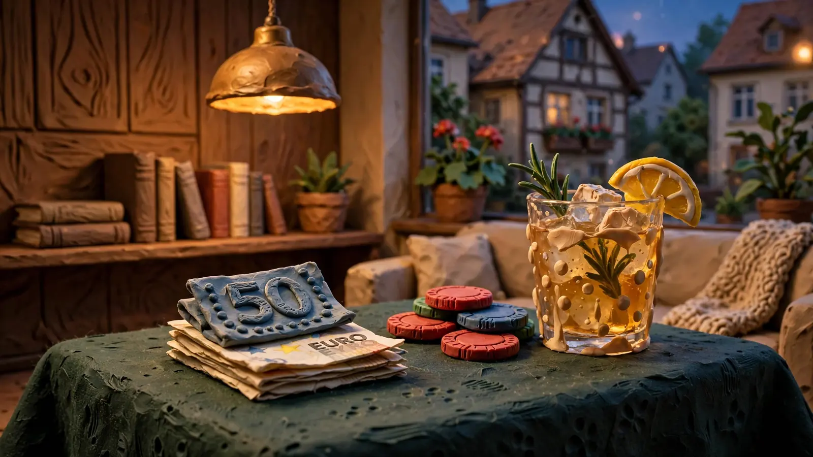 Euro-Banknoten und Casino-Chips auf einem Filztisch in einer Lounge