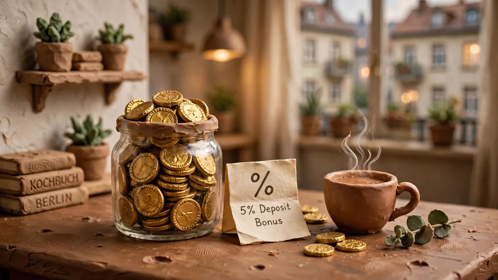 Glas mit Goldmünzen und prozentzeichen auf einem Tisch zu Hause.