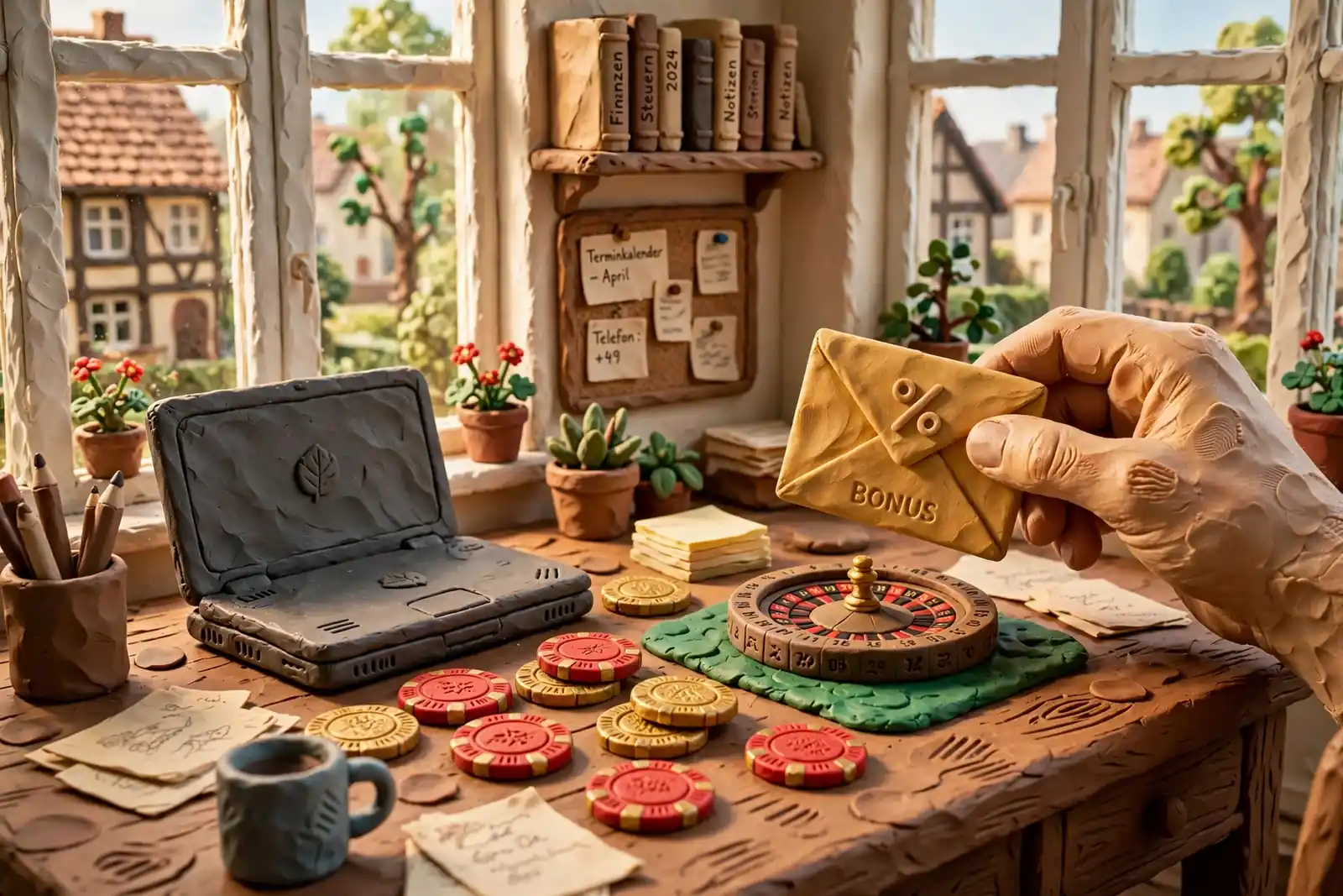Modernes Homeoffice mit Roulette, Chips und goldenem Bonusumschlag auf dem Schreibtisch.