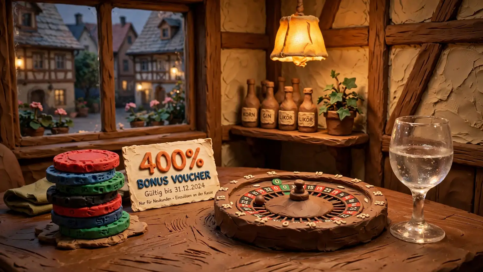 Spielchips, Roulette und ein Bonusgutschein auf einem Casinotisch