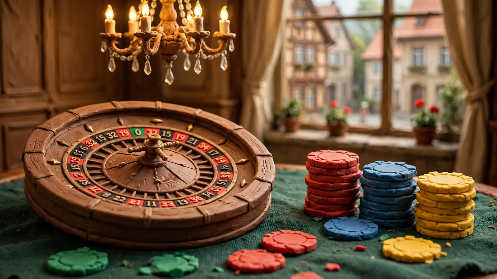 Nahaufnahme eines Roulette-Tisches mit Spielchips und Roulettekessel im warm beleuchteten Casino