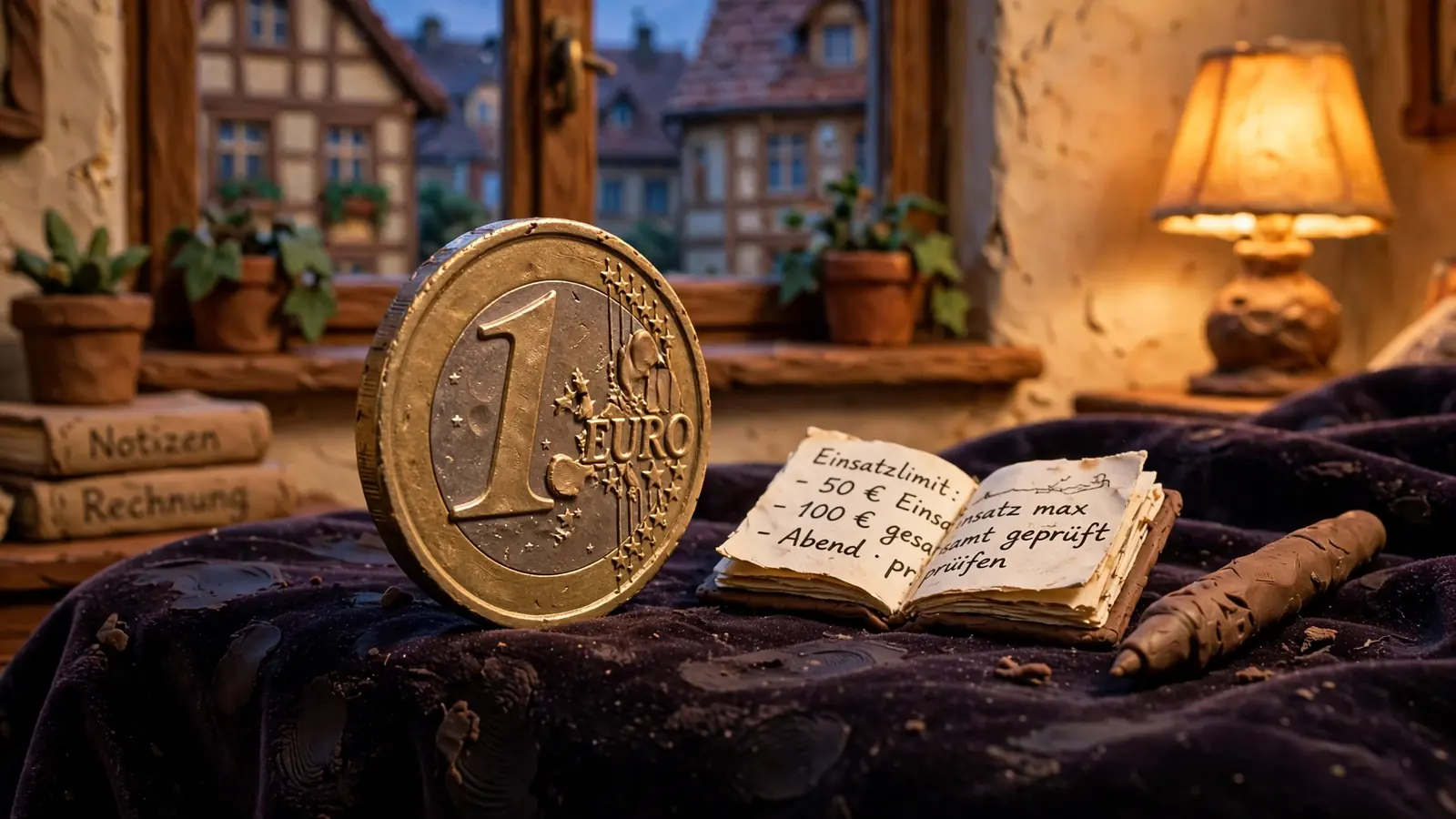 Nahaufnahme einer 1-Euro-Münze auf dunklem Samt mit Notizbuch daneben