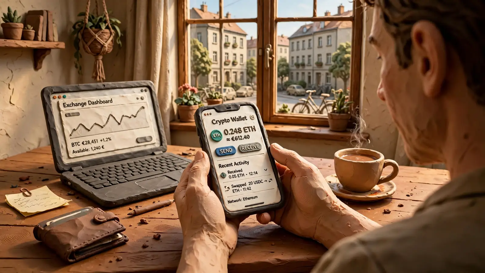 Persona nutzt Smartphone-Wallet am Schreibtisch mit Laptop, warmes Nachmittagslicht