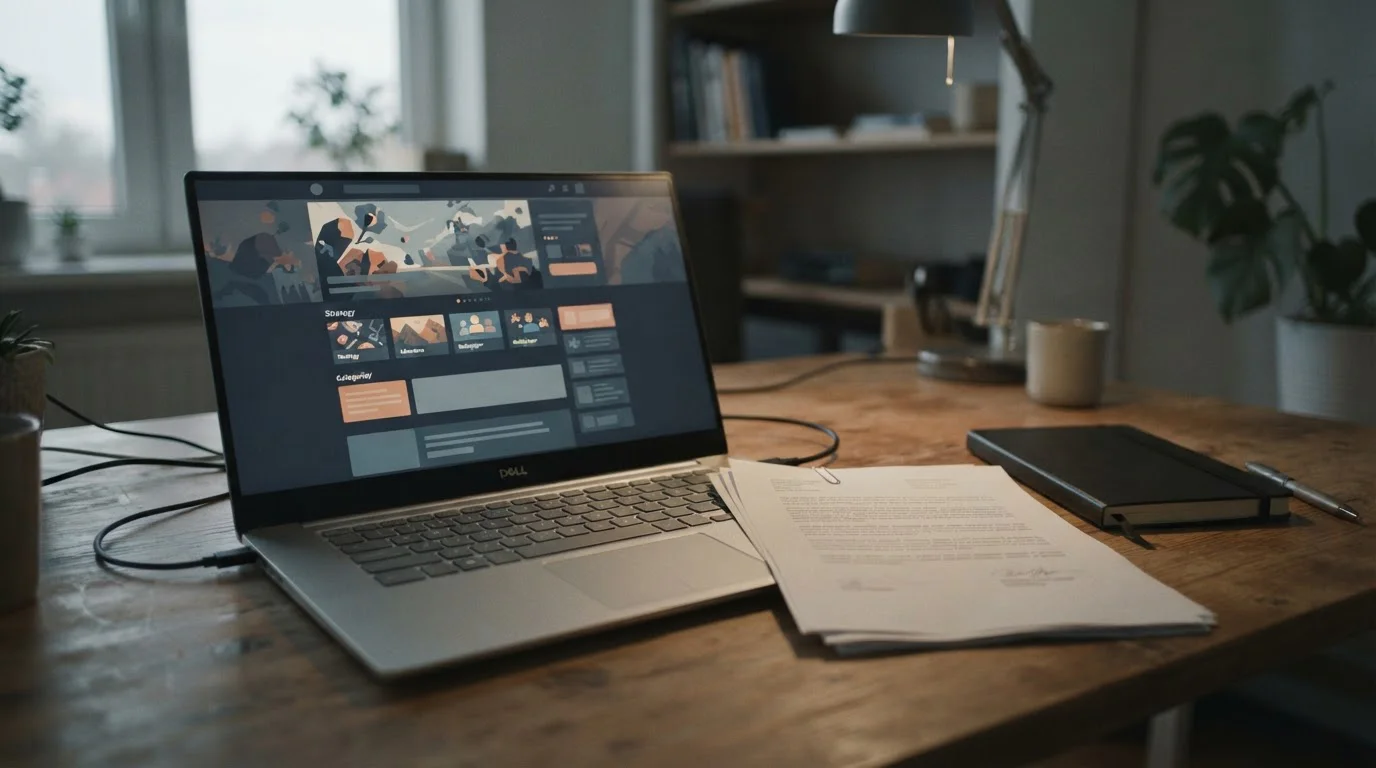 Laptop mit anonymer internationaler Spieleseite neben Vertragspapieren auf einem Schreibtisch