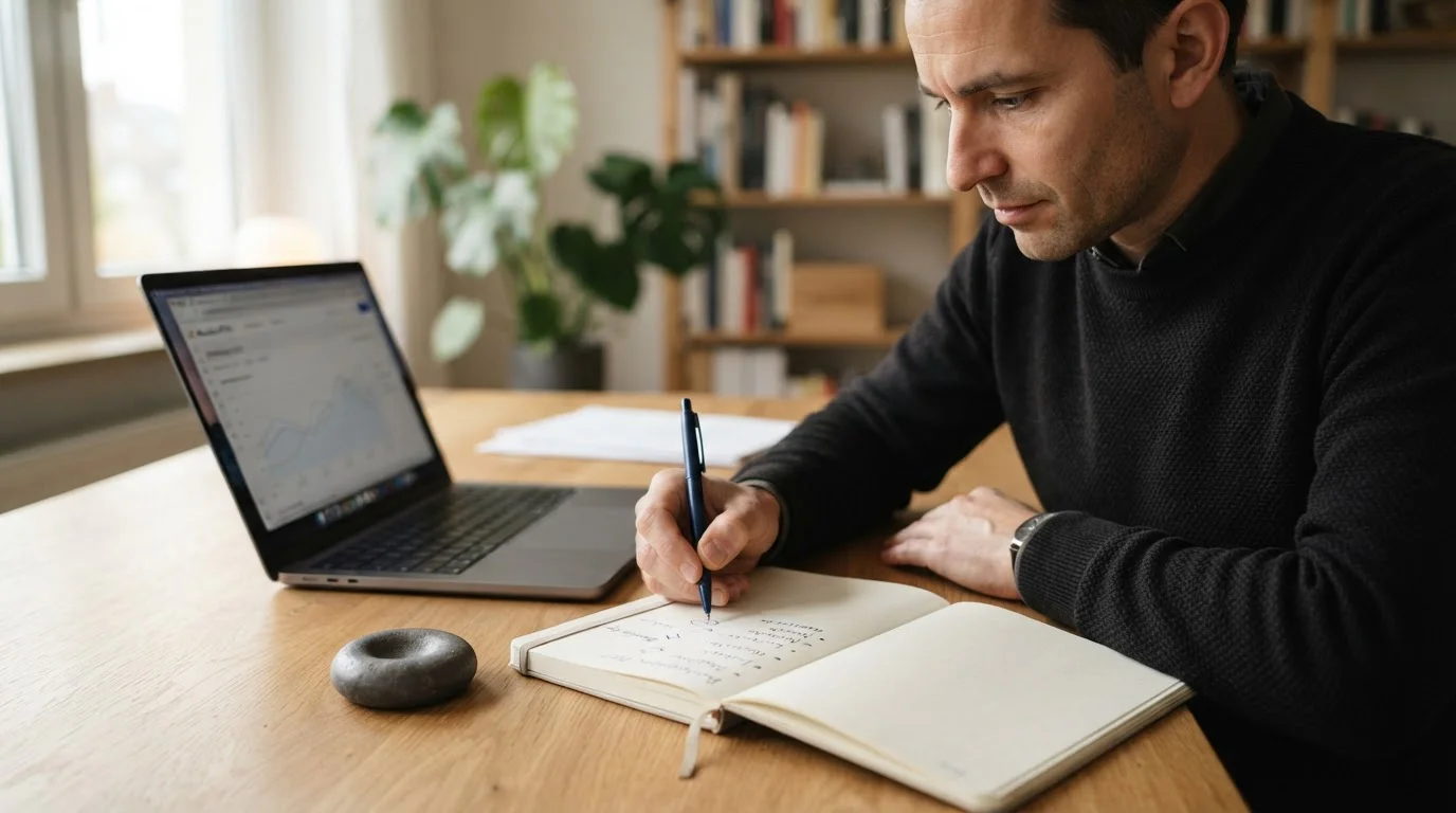 Notizbuch mit Bonusbedingungen und kleinem Einzahlungshinweis neben Laptop