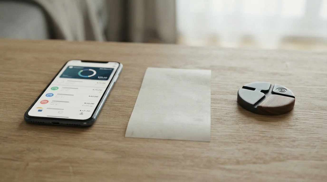 Jeton-Wallet und Gutschein neben neutralem Smartphone ohne Markenkennzeichen