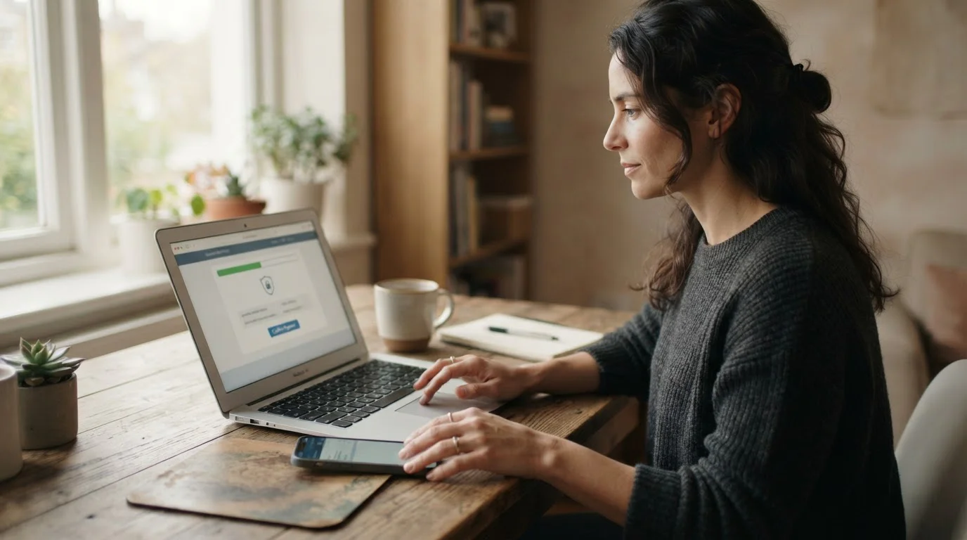 Person bestätigt eine neutrale Online-Bankzahlung am Laptop mit Smartphone daneben