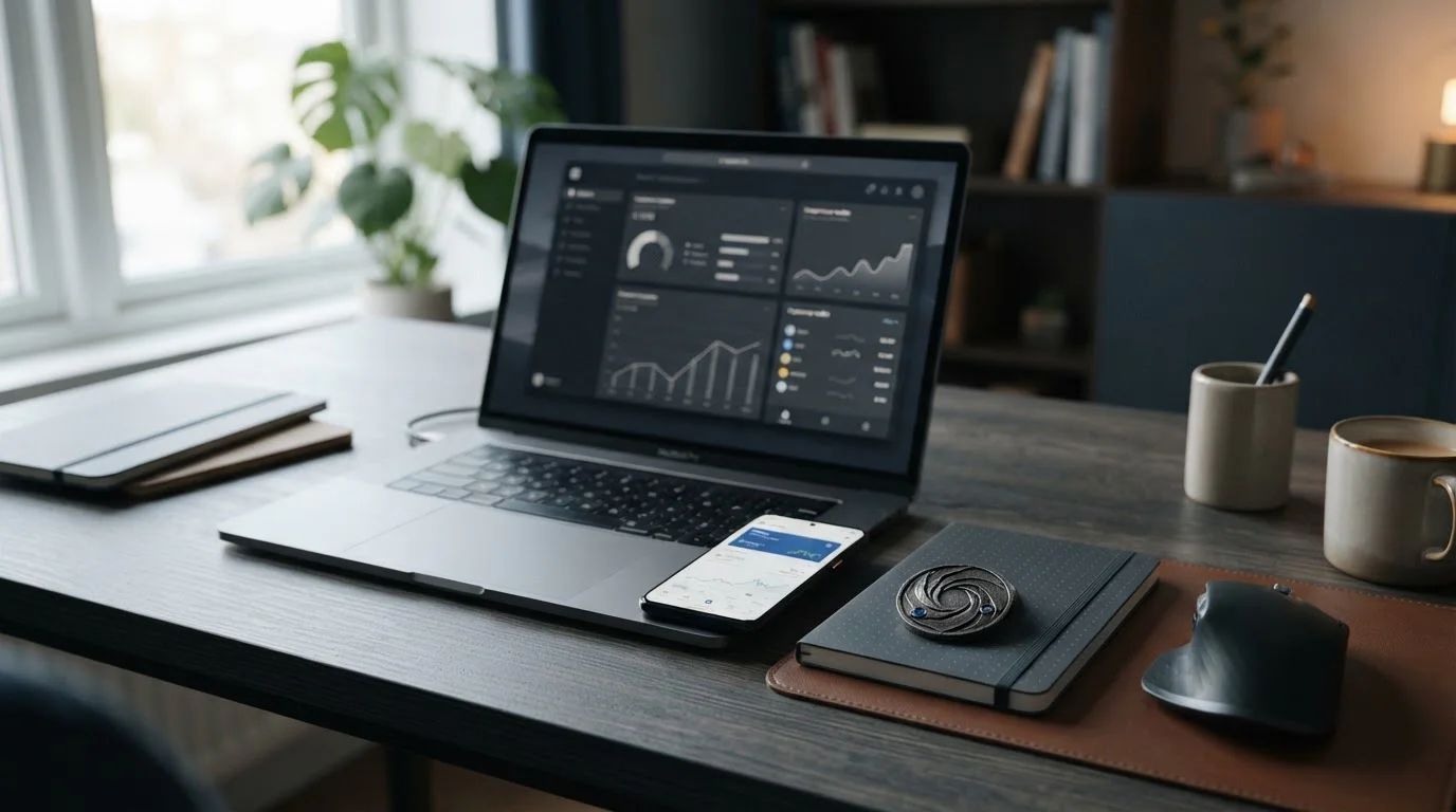 Krypto-Casino-Vergleich am Schreibtisch mit Notebook, Wallet und Bitcoin-Münze