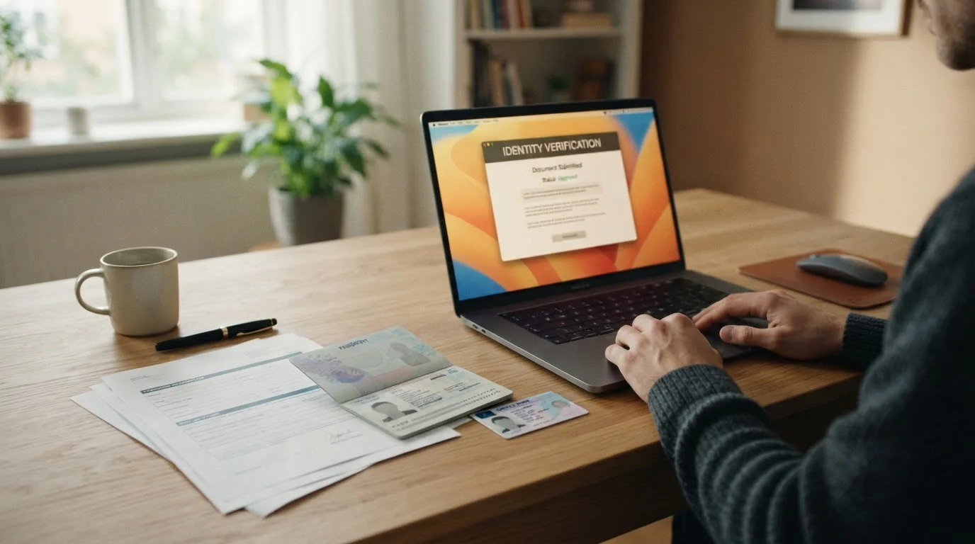Ausweisdokumente und Laptop für die Identitätsprüfung auf einem Schreibtisch