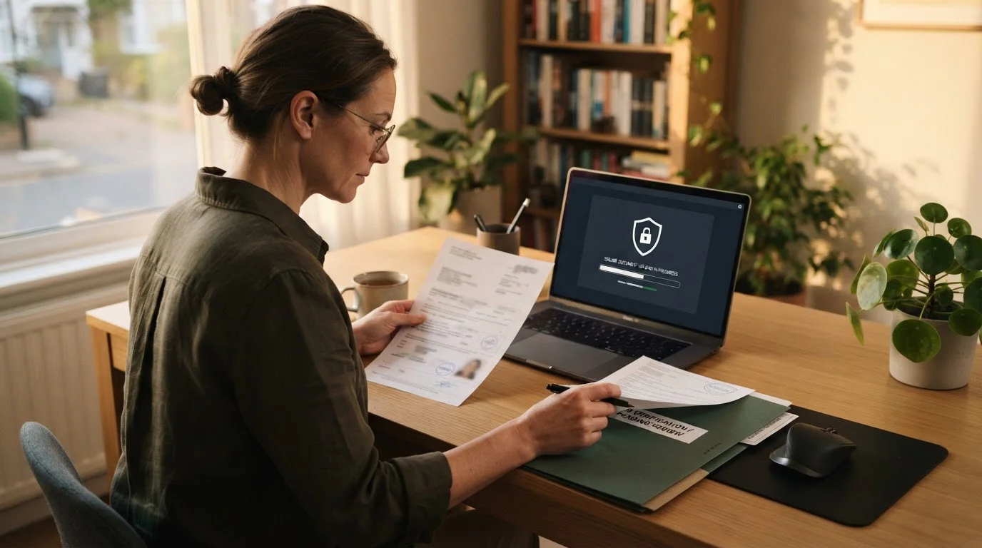 Ordner mit KYC-Unterlagen und sicherem Upload auf einem neutralen Laptop