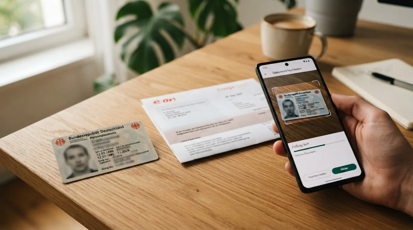 Personalausweis und Dokumente für KYC-Verifizierung auf Schreibtisch