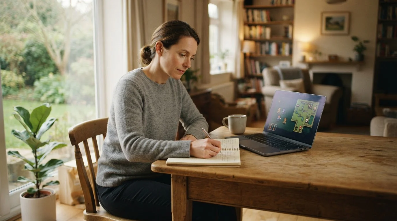 Ruhiger Freizeitraum mit Erwachsenem am Schreibtisch, Budgetheft und Laptop mit Spielangebot