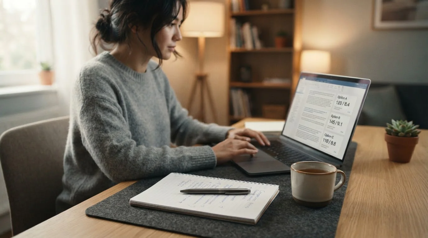 Person vergleicht mehrere legale Anbieter auf einem Laptop mit handschriftlichen Notizen daneben