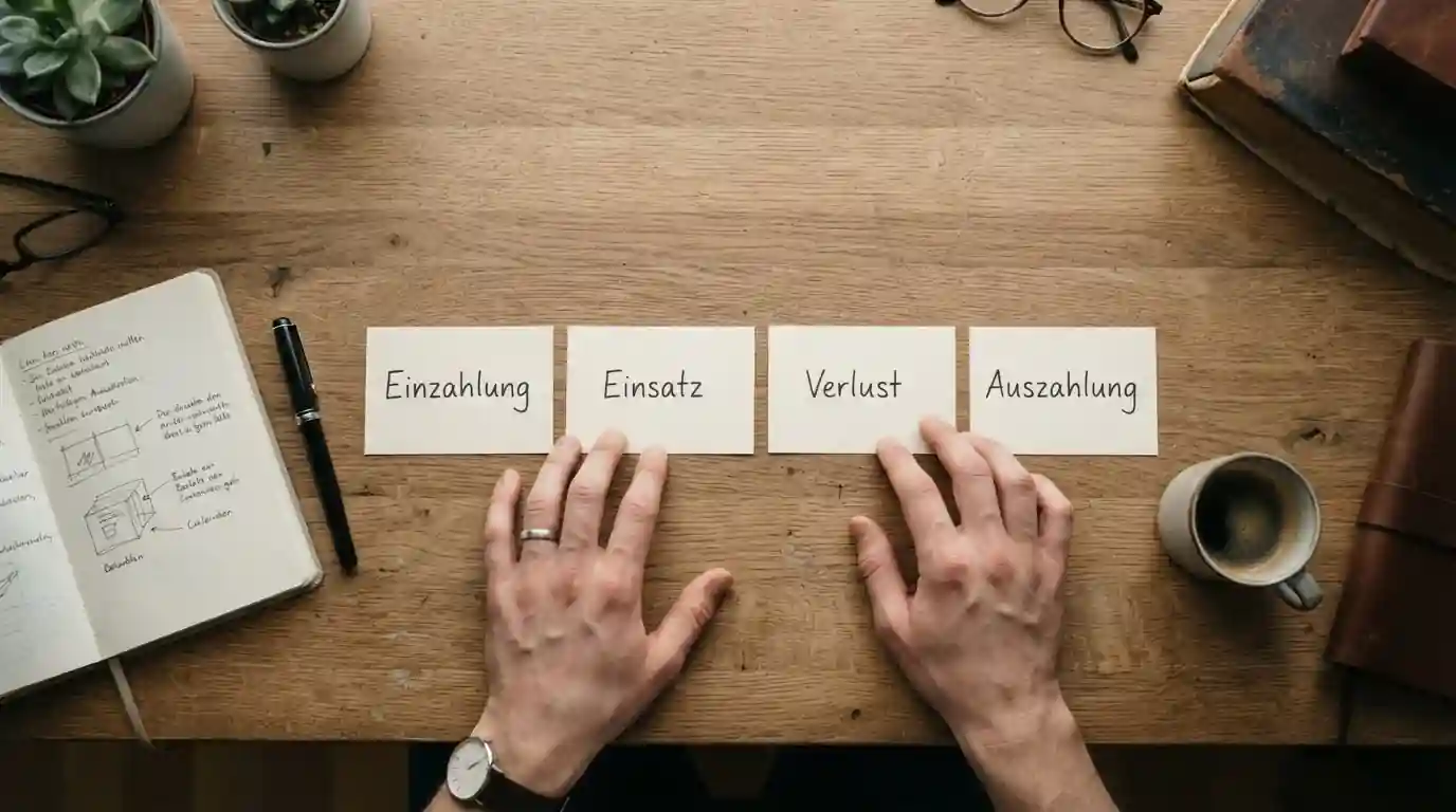 Person mit Notizbuch und vier klar getrennten Limitkategorien am Schreibtisch