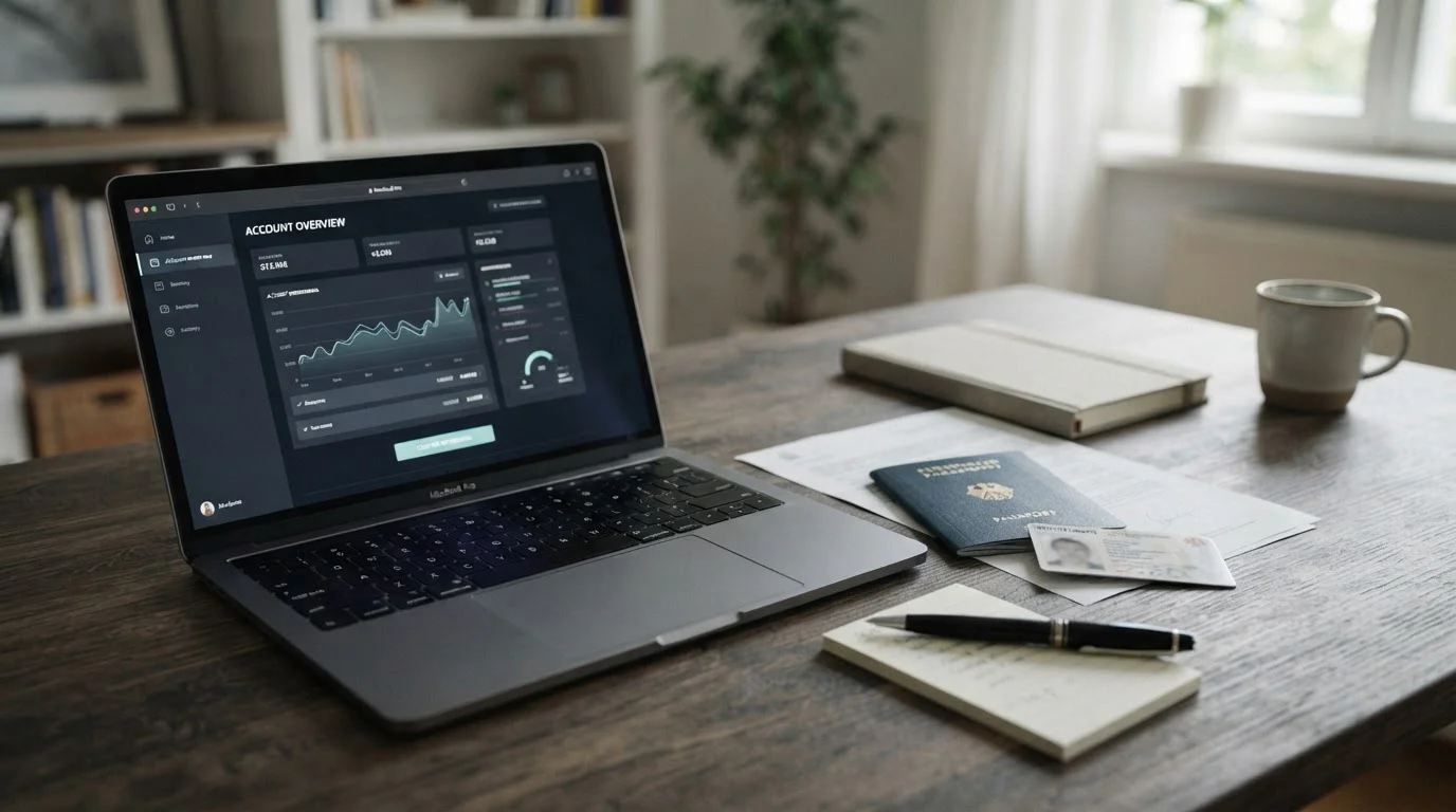 Laptop mit neutraler Kassenansicht und Dokumenten zur Auszahlung